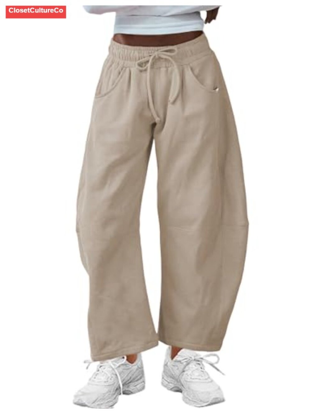 Barrel Leg Sweatpants Drawstring Elastic Waist Pockets Cotton Relaxed Fit